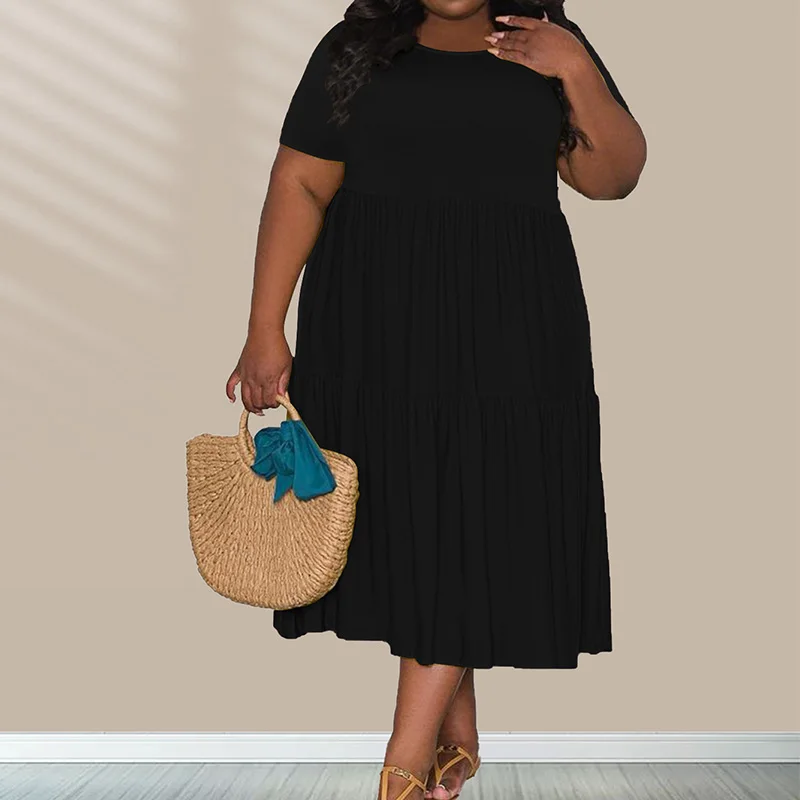 Plus Size Clothes Simplicity Solid Color Half Sleeve Cake Skirt Casual Round Neck Shirring Summer Women's Loose Midi Dresses