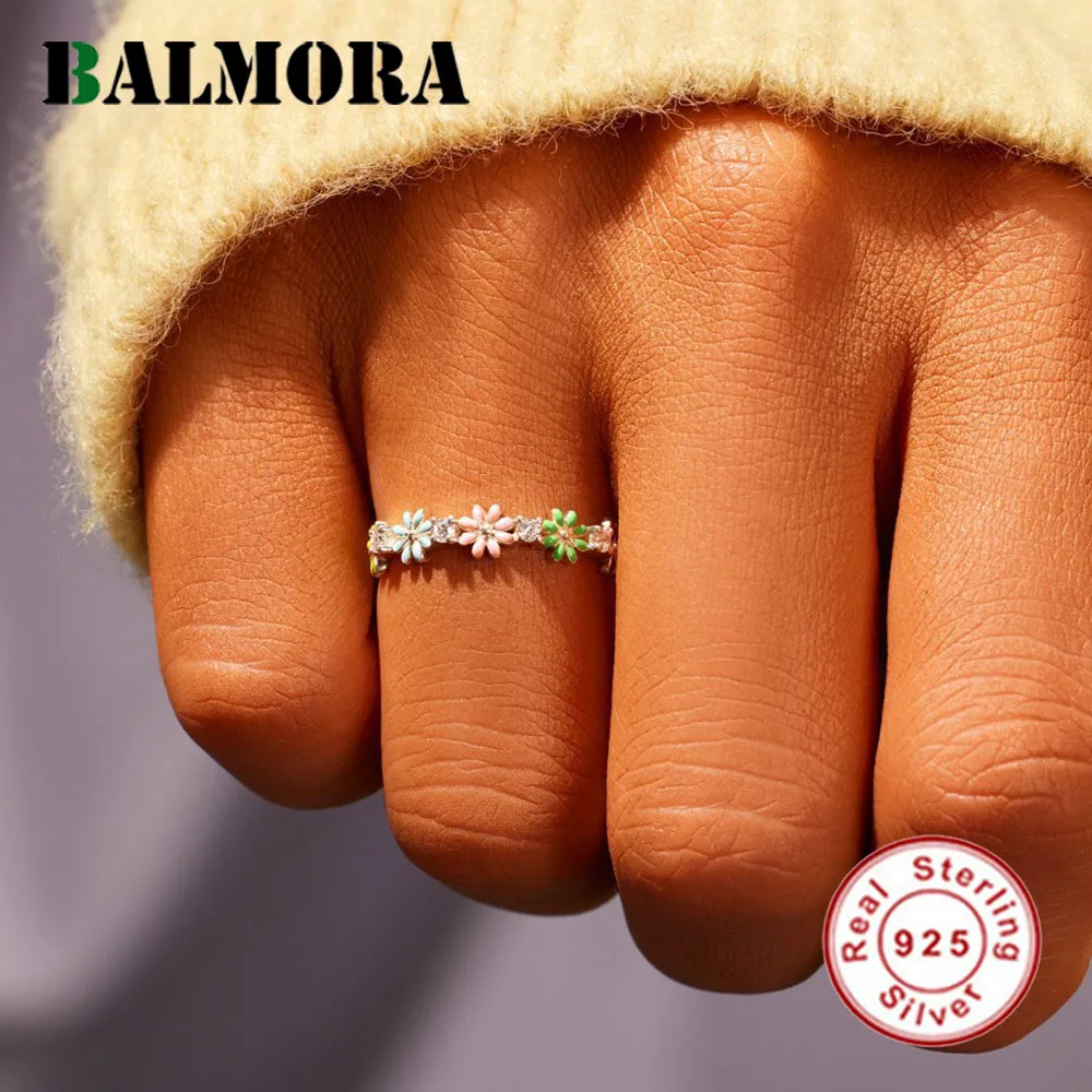 BALMORA S925 Silver Korean Color Zircon Flower Rings For Women Girl