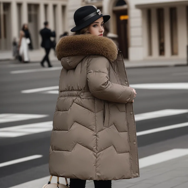 

Women's Down Cotton Jacket Mid Length 2023 Thick Hooded Wool Collar Cotton Jacket Women's Version Waitband Cotton Jacket