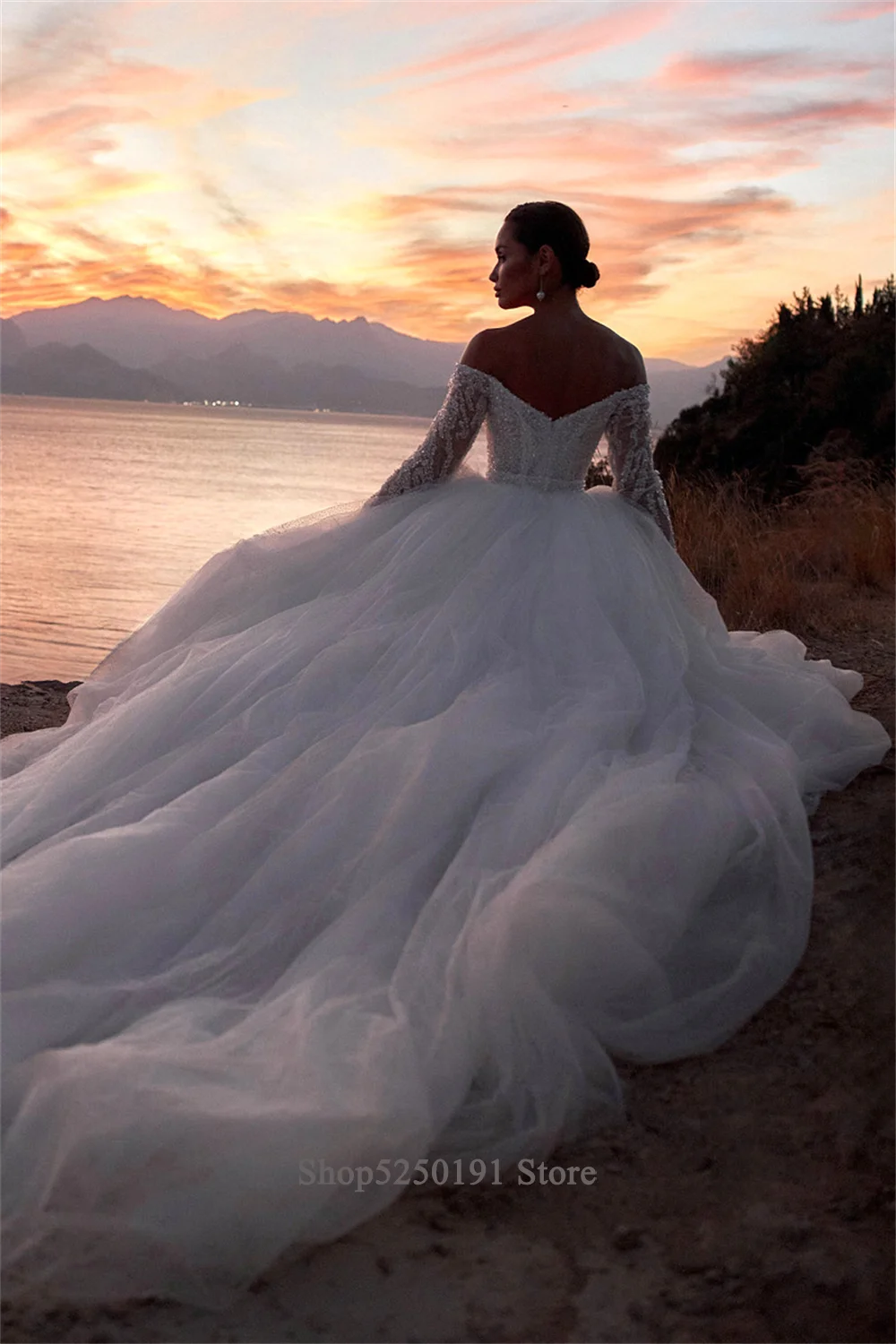 Customized Off Shoulder Lace Long Sleeves Glitter Tulle Skirt High Slit Bridal Dress For Wedding Dress For Rustic Beach Wedding