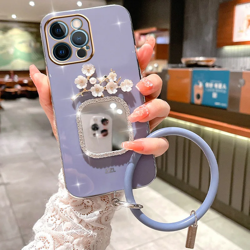 Carcasă oglindă pătrată cu brățară la modă pentru iPhone 15 Pro Max 14Plus 12Pro 13 Mini 11 7 8 Plus 6S X XR XSMax, culoare prună strălucitoare_voghion.com