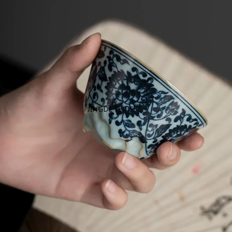 1 80ml Chinese retro blue and white ceramic tea cup handmade Ru kiln tea bowl household travel tea set