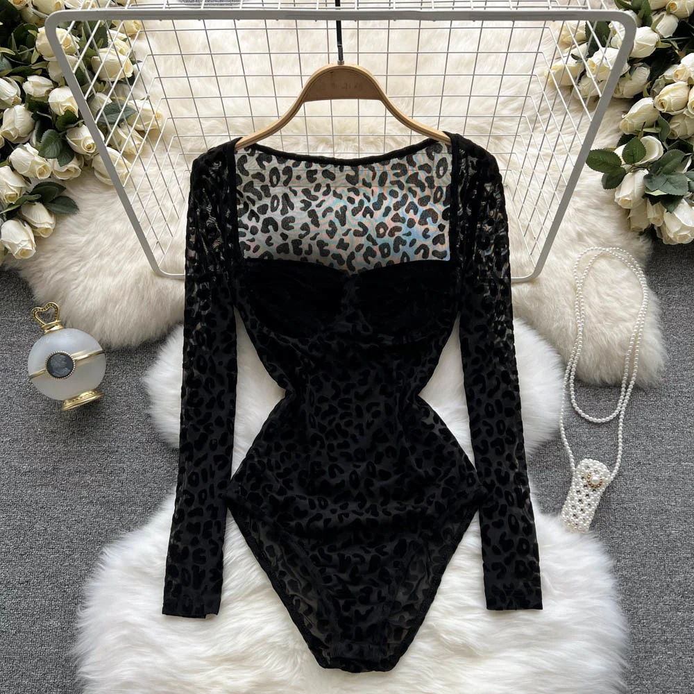 Lady Hollow Floral Lace Bodysuit Off Shoulder Puff Sleeve Leotard Blouse  Top