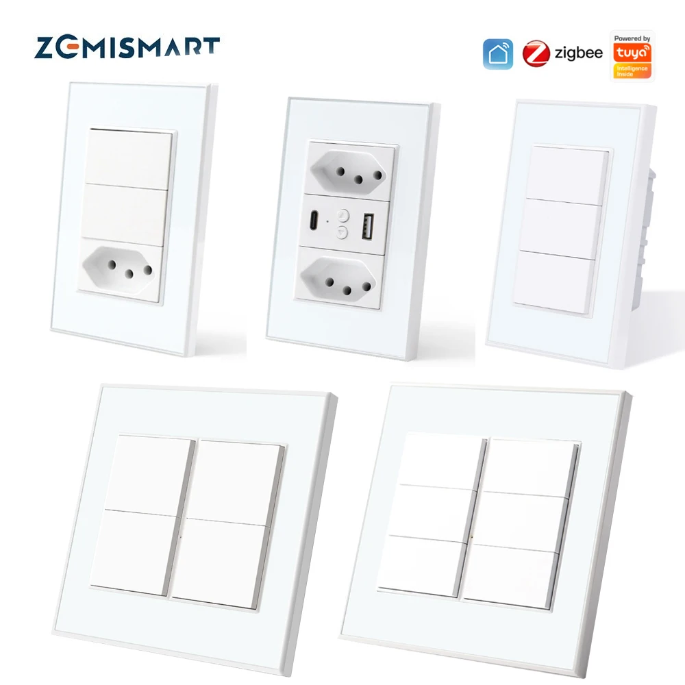 Zemismart Tuya Zigbee Smart Brazil Socket E Zigbee Light Switch 1/2/3/4/6 Gangs Alexa Google Home Voice Control 10A Tomada
