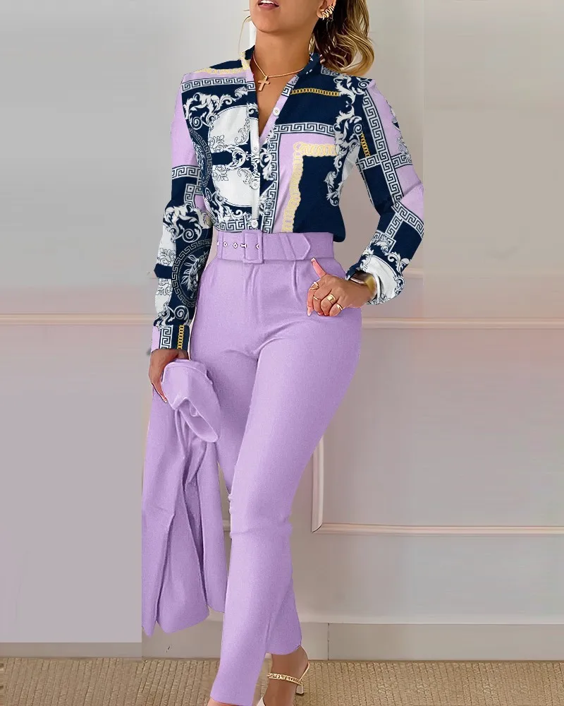 Shirt Pants Set Women Elegant Fashion V Neck Floral Print Long Sleeve High Waist Two Piece Set Office Lady Casual Trousers Suits