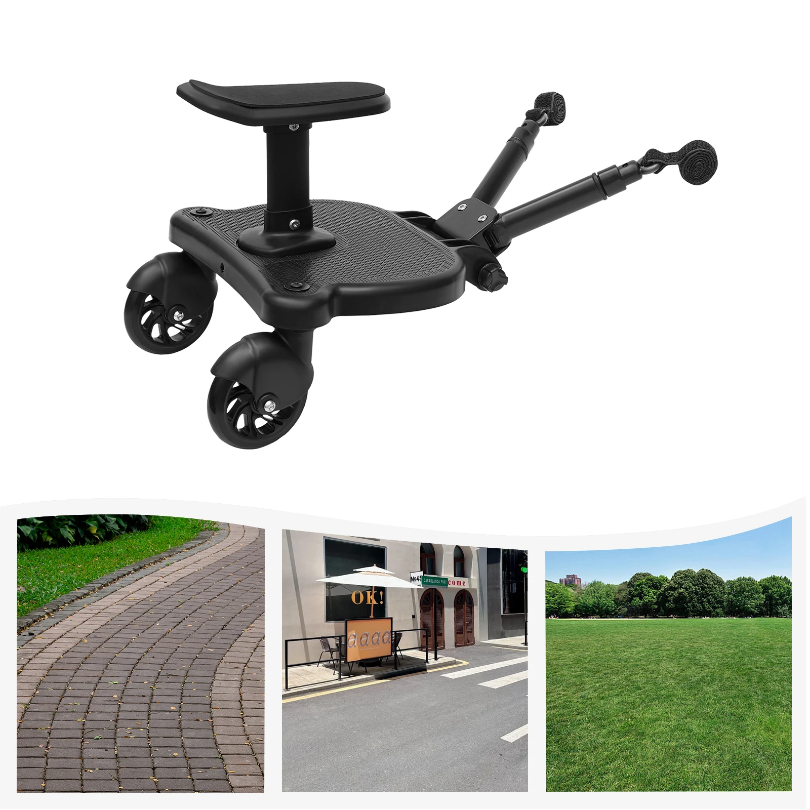 Universal Stroller Board 2-in-1 with Removable Seat Adjustable Standing/Sitting Ride-On 55lbs Capacity for Toddler Age 3-7