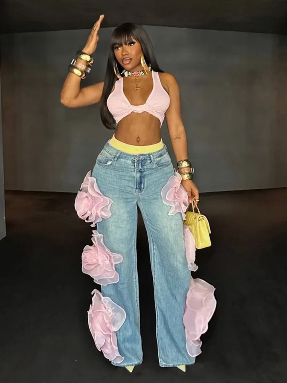 Y2K New Jeans Fashion 3D Flowers Appliques Female High Waisted Jeans Women’s Loose Straight Denims Couple Street wear