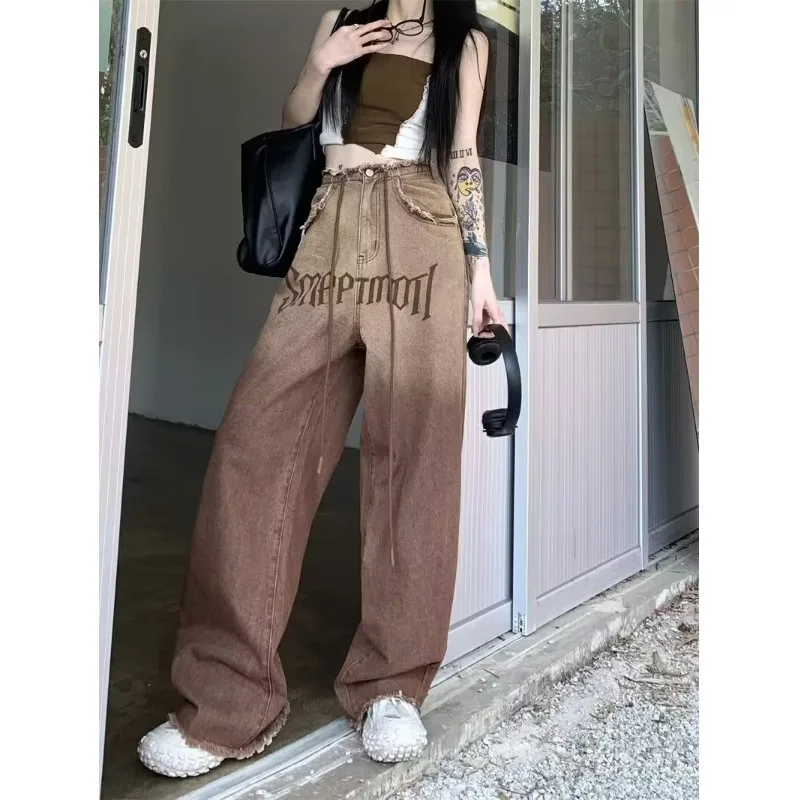 Streetwear Vintage Jeans High Waisted Brown Y2k Fashion Printing Raw Edge Trouser For Womens Summer Korean Style Denim Long Pant