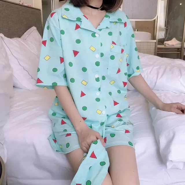 Kawaii Crayon Shin-Chan Anime Pajamas Clothes Cartoon Cute Summer Cardigan Short Sleeve Shorts Loose Home Wear Set Girls Gift