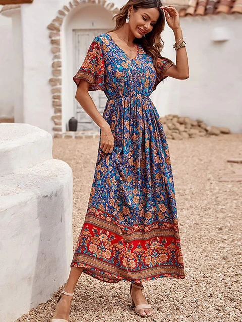 Bohemian Maxi Dress Women Floral Print Summer Beach Dress Short Sleeve  Ladies V-neck Cotton Boho Sundress Vestidos - Dresses - AliExpress