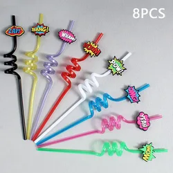 Set of 8 Reusable Spiral Straws with Decorative Lids - Perfect for Birthdays and Themed Celebrations (Multicolored)