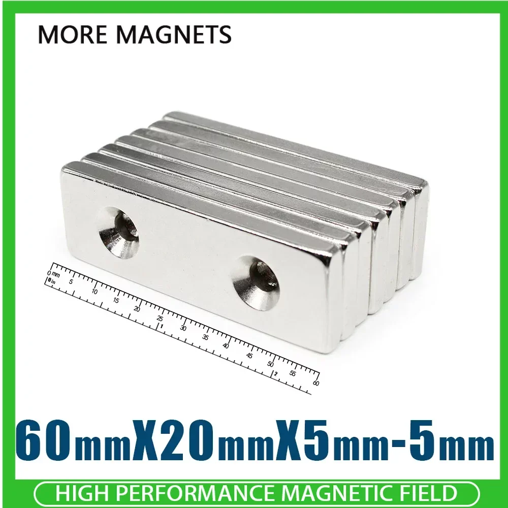 

1/2/5PCS 60x20x5-5mm Long Magnetic Sheet Super Powerful Strong Magnets Holes N35 Block Rare Earth Neodymium Magnet 60*20*5-5mm