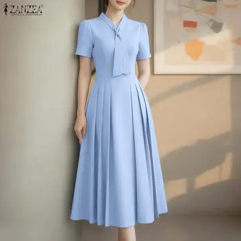ZANZEA Elegant Office Lady Dresses Women 2026 Summer Dress Stylish A Line Waisted Party Sundress Short Sleeve Pleated Midi Robe 1