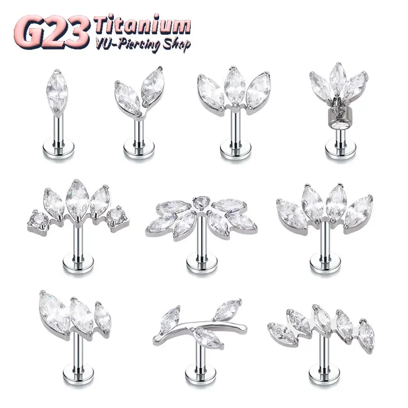 

F136 Titanium Marquise CZ Flat Back Stud Earring 16G 18G Internal Thread Labret Helix Cartilage Monroe Medusa Tragus Piercing