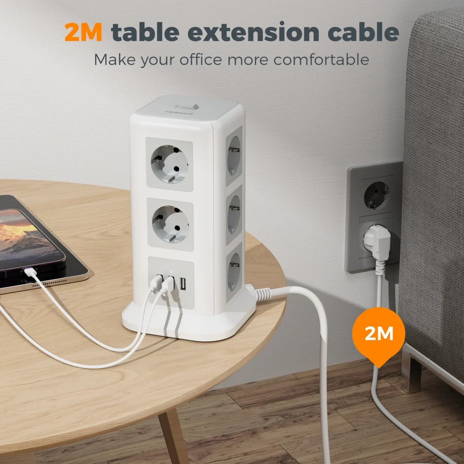 TESSAN Multiple Tower Power Strip with USB 11 Outlet EU Plug
