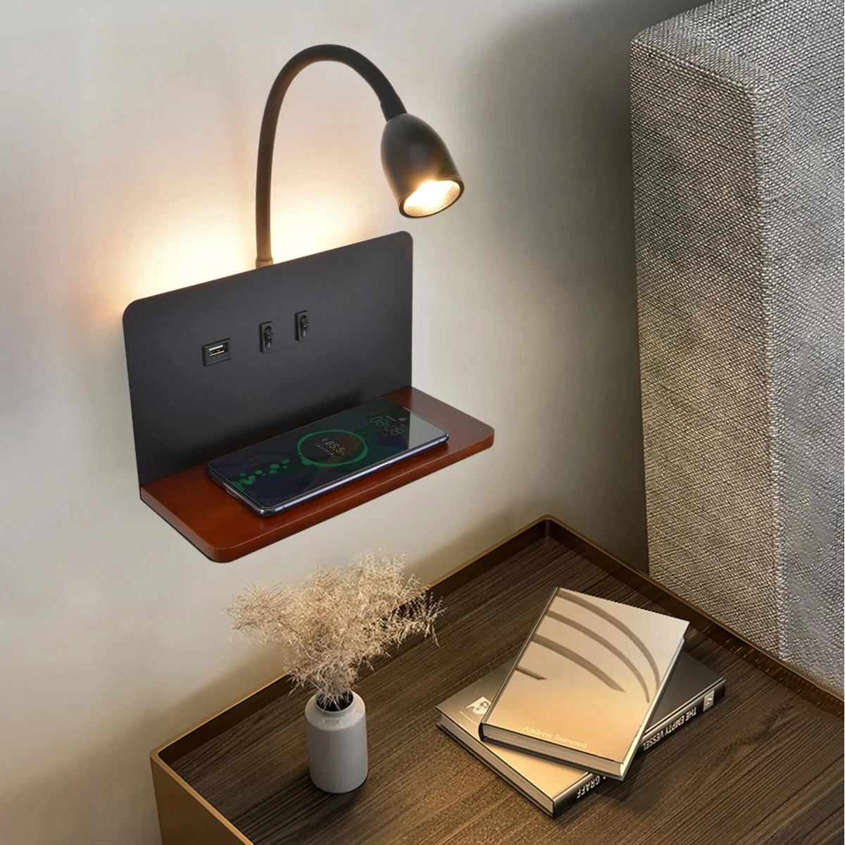 Minimalist Wooden Wireless Charging Wall Lamp USB Charging Dual Control Switch LED Indoor Bedside Study Room Living Room Light