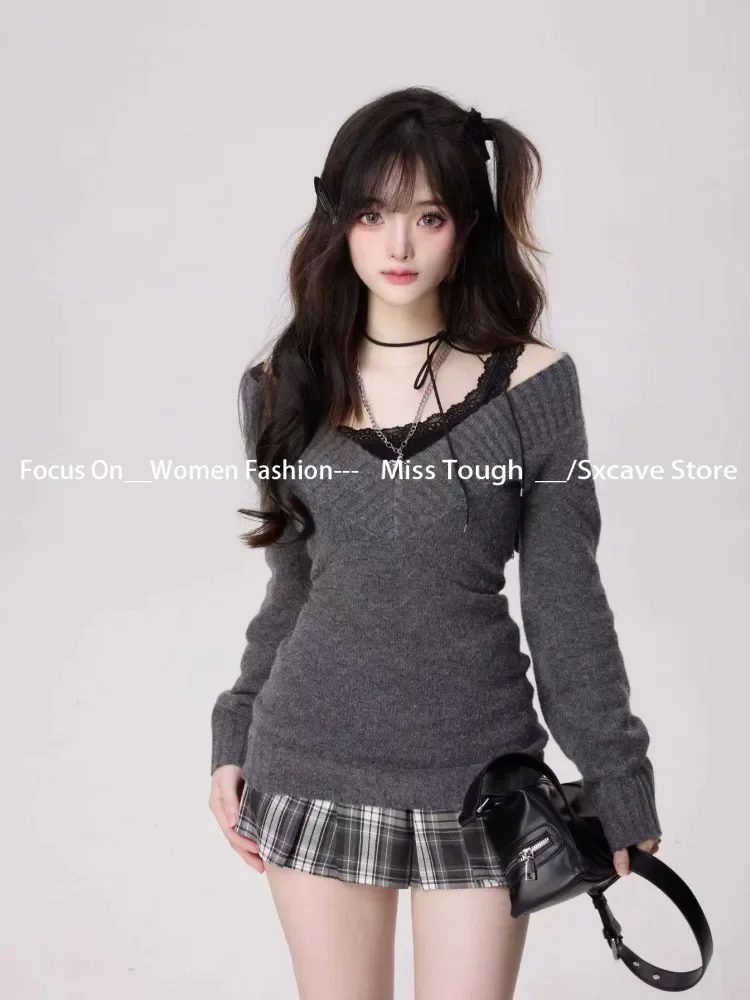 Knitted Suits Autumn Winter Woman V-neck French Vintage Long Sleeve Pullovers Knitwears 2000s Aesthetic Korean Sweater Sets Y2k 5