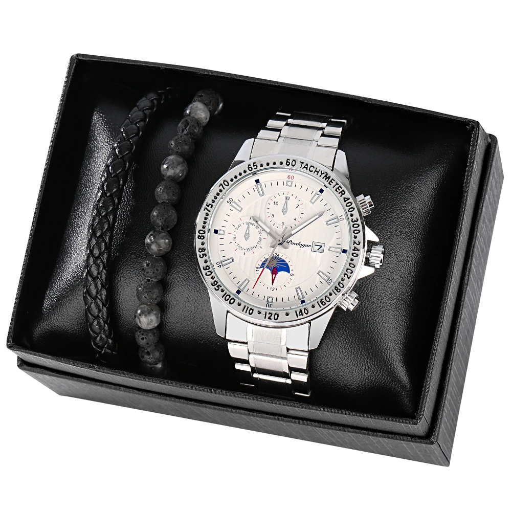 Gift Set for Men Silver Black Waterproof Date Quartz Watch to Boyfriend Bracelet Watches Creative Halloween Gift Box cadeauset