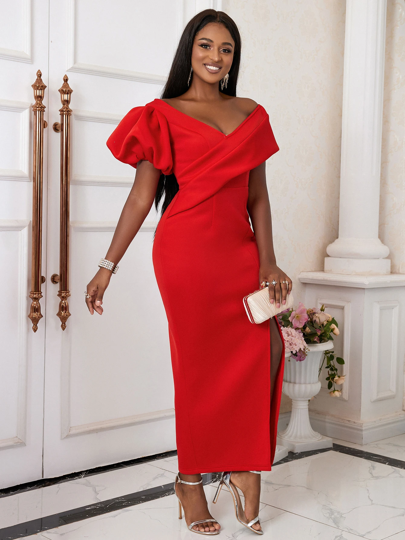 Women Formal Dresses Long Evening Gown Classy Red V Neck Bare Shoulder One  Sleeve Irregular Slit Dress Elegant Celebrate Outfit