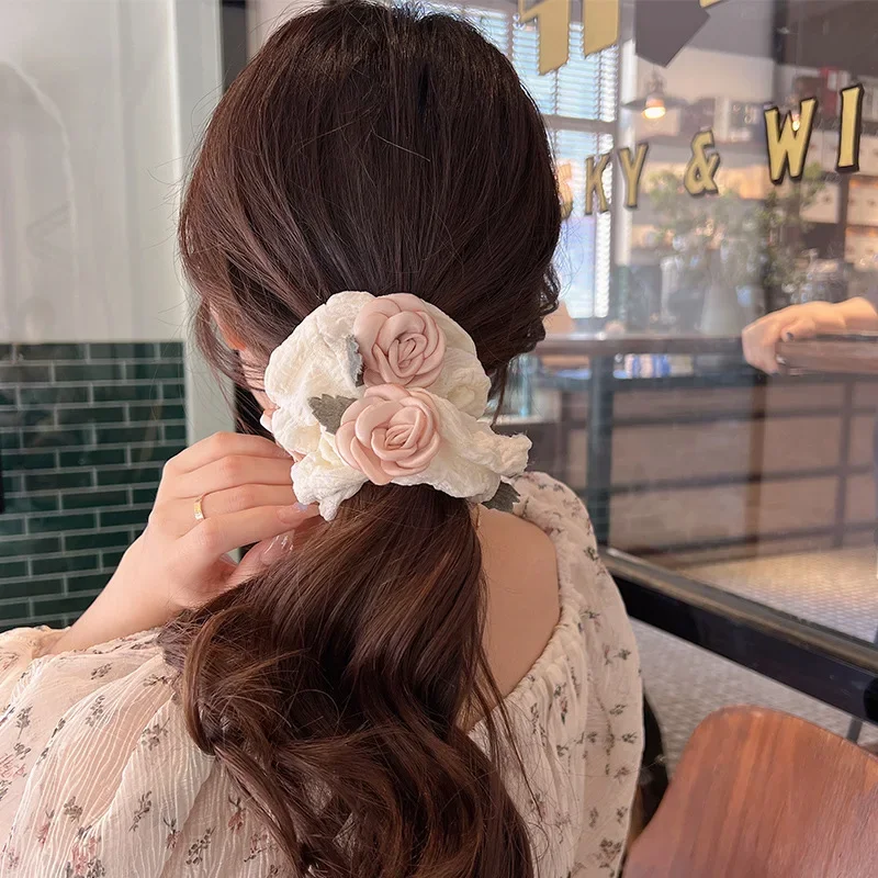 Chic French Floral Oversized Hair Scrunchies - Elegant High Elastic Hair Accessory