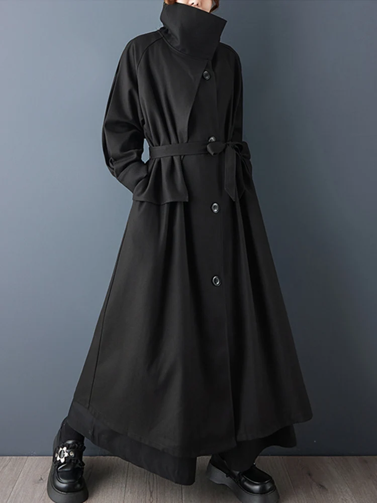 Oversized Autumn Winter New Korean Fashion Long Trench Coat For Women Black Vintage Sashes Casual Loose Outerwear Clothing 2025