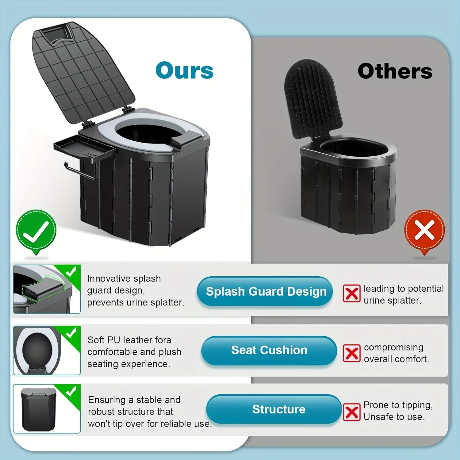 Portable Folding Toilet With PU Seat Cushion, Portable Toilet With Lid For RV, Car, Camping, Hiking, Travelling 5