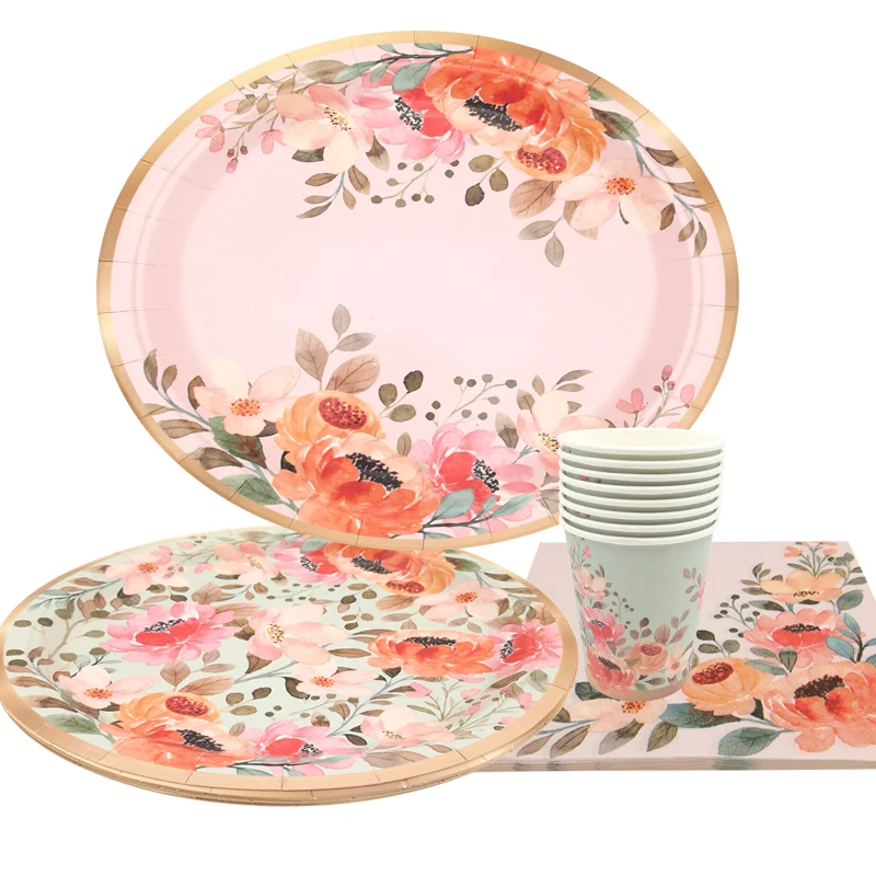 

Floral Themed Paper Plates Paper Cups Napkins Happy Birthday Wedding Party Baby Shower Decor Hawaiian Garden Tea Party Supplies