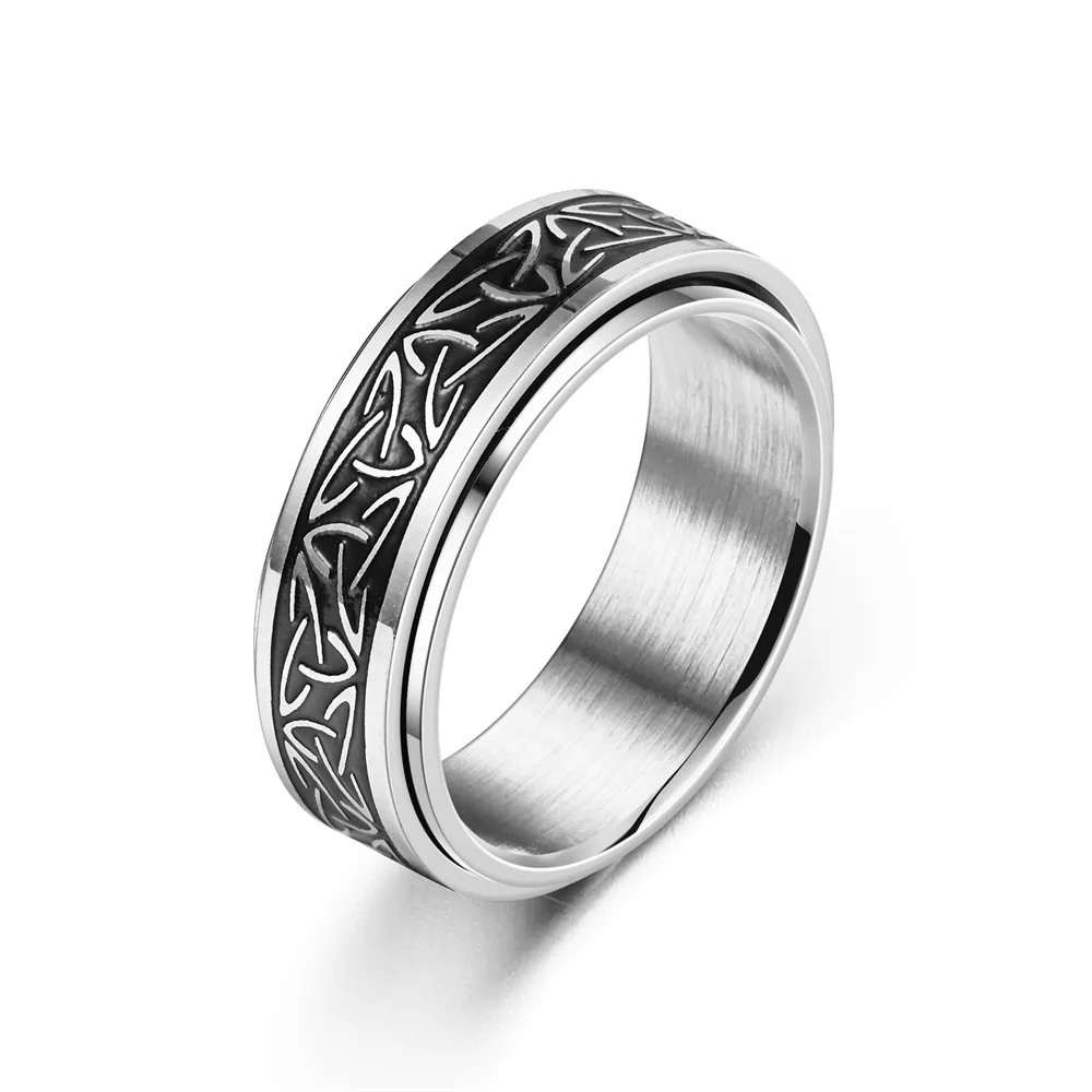 Stainless Steel Ring Finger Ring Fidget Spinner Ring Anti Stress Knuckle Viking Characters Enamel Spinning Rotating Anxiety Control Bague Homme