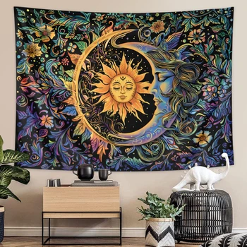 Tapisserie soleil et lune, tapisserie florale mystérieuse, tapisserie esthétique rétro murale de plantes florales de style hippie, 1 pièce 1