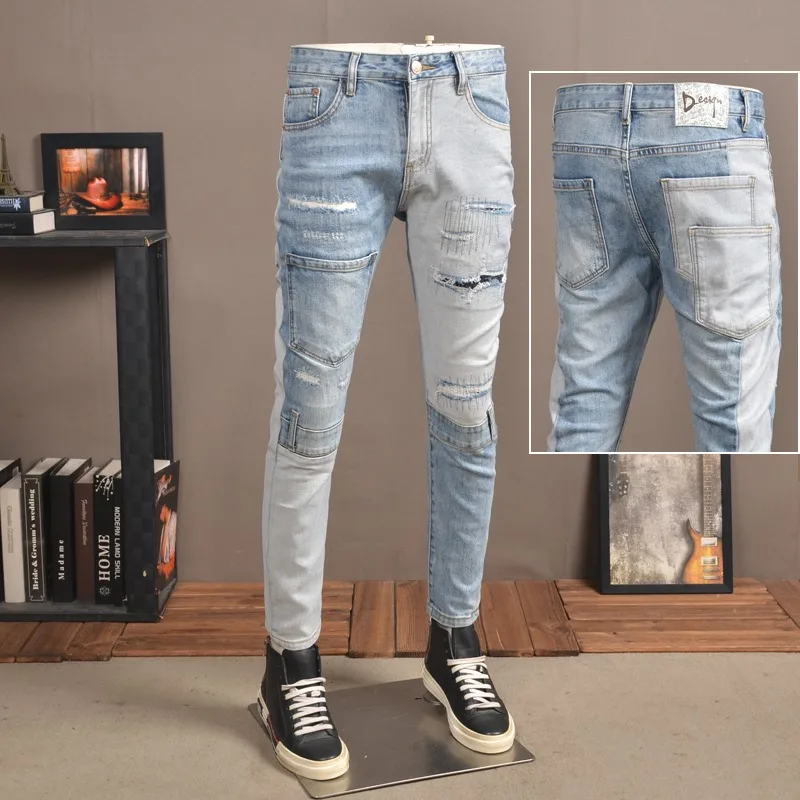 2022 Summer Jeans Men Streetwear Casual Pencil Pants Ripped Jean Light Blue Patchwork Slim Fit Denim Trousers