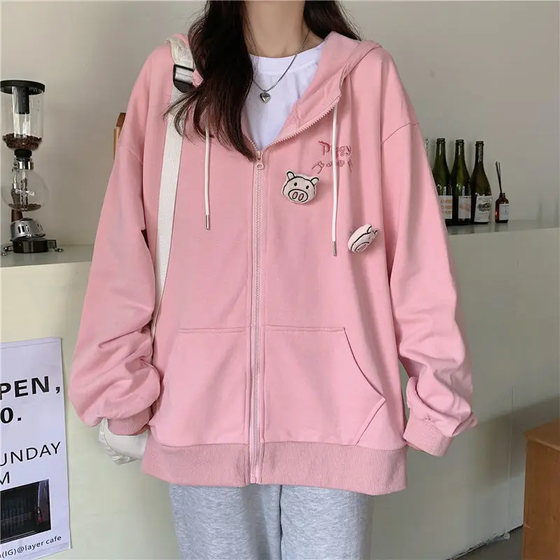 Y2K Zipper Hoodie Womens Harajuku Kawaii Pig Pink Pattern