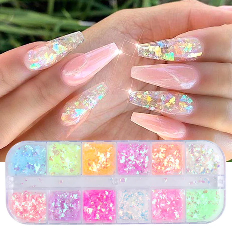 12 or 6 Grids 3D Flakes Fluorescent Nail Sequins Sparkly Paillette Nail Chunky Glitter Decorations Chameleon Accessory LASP nail glitter,nail decoration,nail decorations,nail flakes