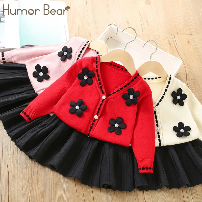 

Humor Bear Girls Clothes Set Autumn Knitted Cardigan+Pleated Skirt 2Pcs Children Clothes 3D Floarl Warm Sweater Kid Clothes
