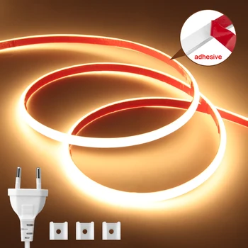 COB 라이트 스트립 288LED/m 접착 테이프, 높은 밝기, 유연한 리본, EU 전원 플러그, 방수 IP65, 실내 야외 장식, 220V