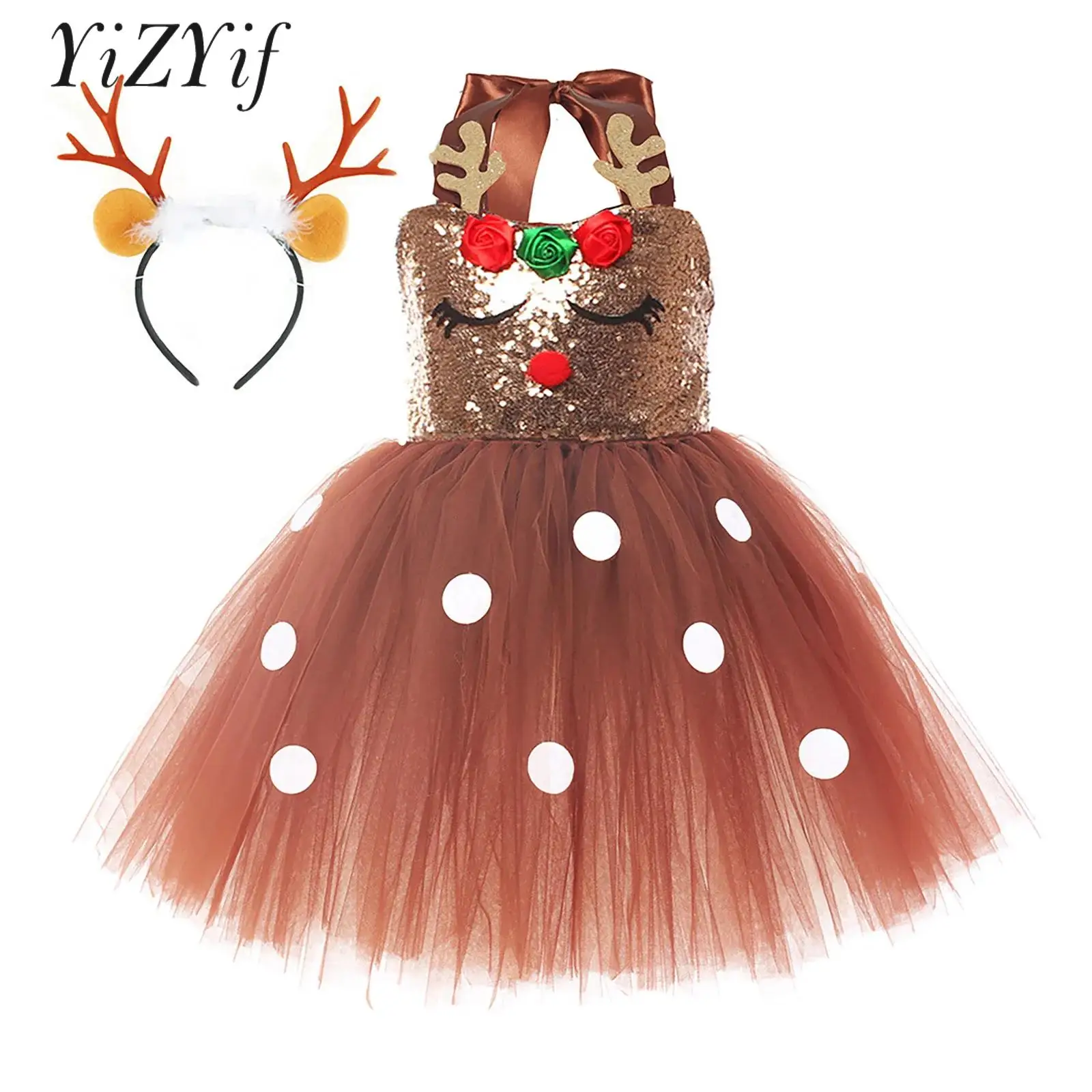 

Kids Girls Christmas Reindeer Costume Halter Neck Sequins Tutu Dress with Deer Hair Hoop for Role Play Party Cosplay Dress Up