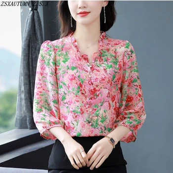 French Fashion Women's Floral Chiffon Shirt Summer New Loose Casual Vintage Wild Blouse High Quality Simple Elegant Female Tops