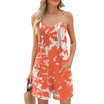 Summer Beautiful Colourful Floral Printing Daily Streetwear Playsuit Fashionable Casual Sleeveless Jumpsuit Shorts With Pockets 3