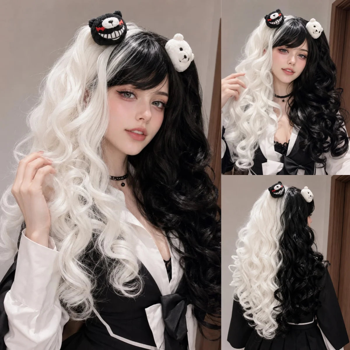 Easihair Black with Red Pink Highlight Long Straight Wig With Bangs Heat Resistant Synthetic Hair Gothic Halloween Cosplay Wigs