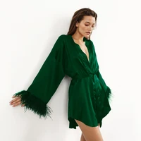 Peignoirs en plumes, mini robe sexy en satin, manches longues, ample, pour femmes, robe de mariée blanche, robes de mariée noires 2