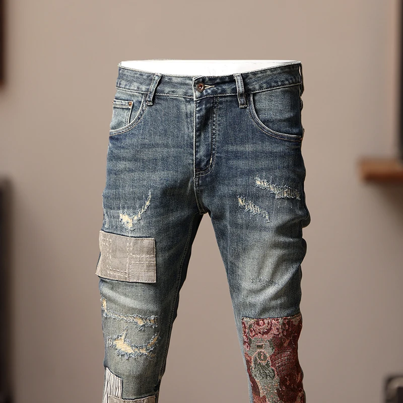 2024 New Motorcycle Jeans Men's Personality Embroidery Stitching Trousers Casual Fashion Retro Distressed Skinny Pants