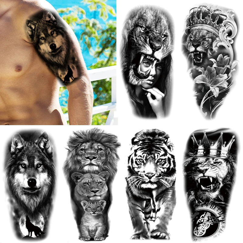 

Large Arm Sleeve Tattoo Stickers Lion Tiger Snake Rose Waterproof Temporary Tatoos Wild Wolf Tiger Men Skull Totem Fake Tattoos