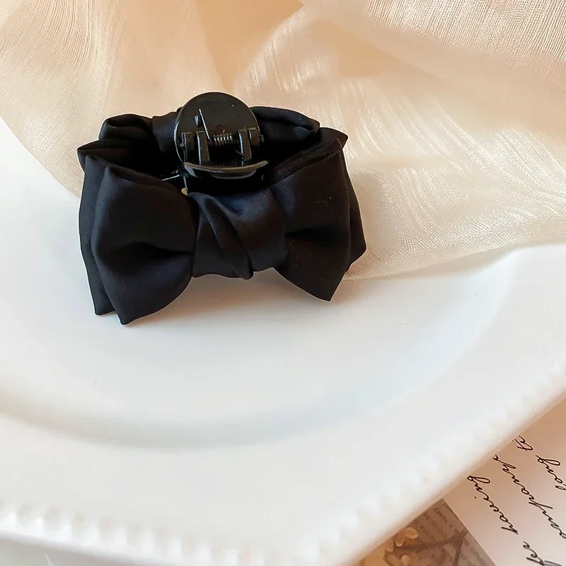 Womens Black Bow Hair Claw Clips Cute Small Double Sided Acrylic Fabric Bangs Bo