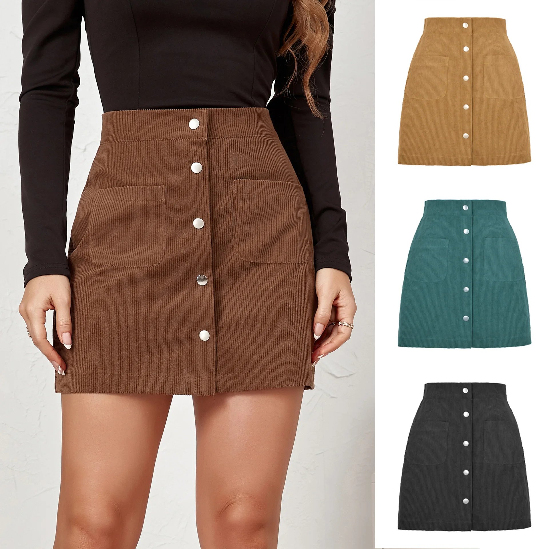 2022 Autumn And Winter Women's Skirt Package Hip Short Skirt Corduroy Pocket Single-Breasted Slim Solid Color Women's Skirt