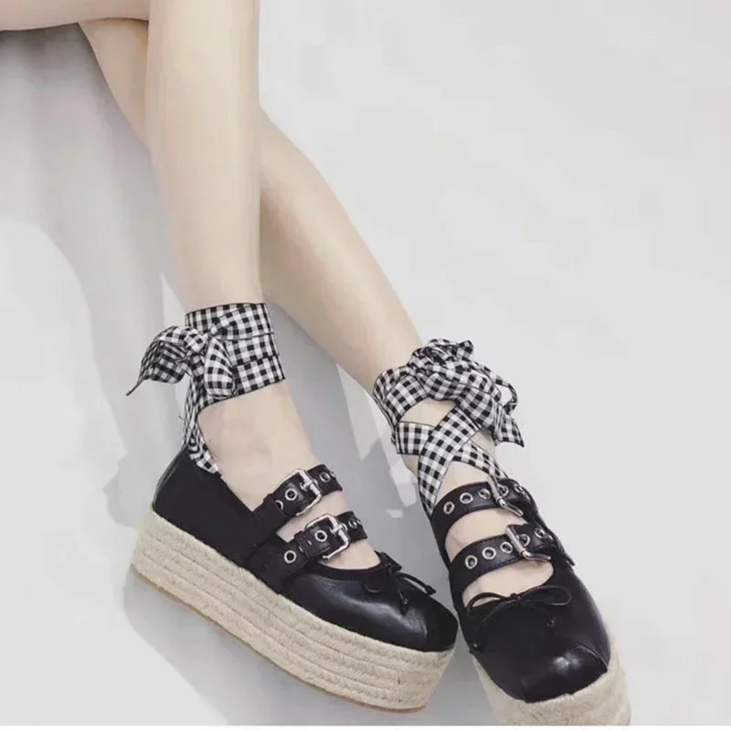 

Girls Hemp Muffin Designer Shoes Women Luxury 2023 Elevator Ballerina Platform Bow Espadrilles Mary Jane Creepers Ballet Satin