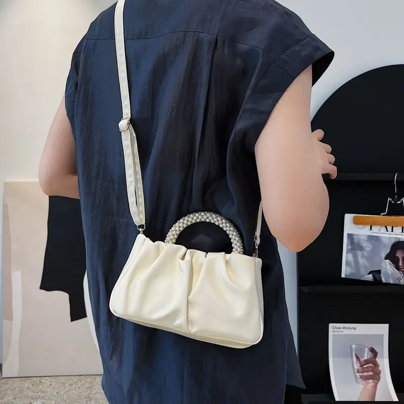 Crossbody Bags for Women Simple Fashion Pearl Top-handle Bags Pleated Versatile Bucket Bag Casual Handbag Female Shoulder Bag