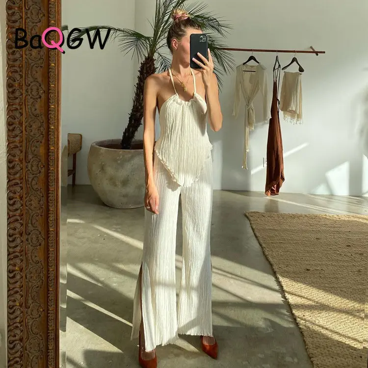 

BaQGW Sexy Halter Backless Tank Top Set Woman 2 Piece Bodycon Beige Pleated Pants Set Female Elegant Skinny Slit Trouser Suits