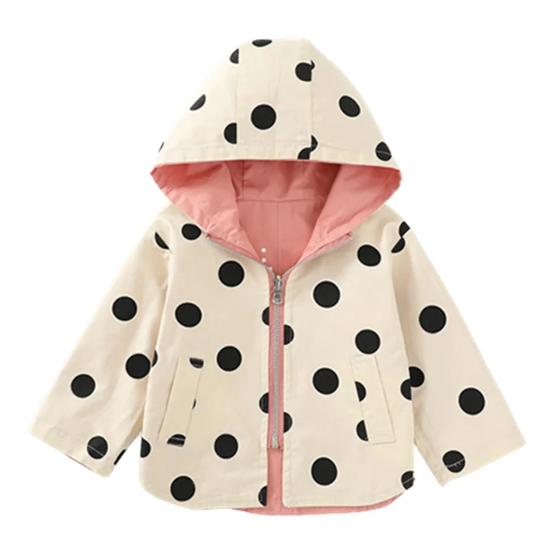 Baby jacket baby girl windbreaker spring and autumn new children's polka dot double-sided wearing hooded jacket baby boy