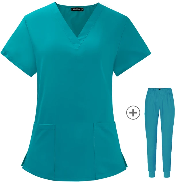 Operating Room Medical Uniforms Women Scrubs Clothes Sleeve V-Neck Workers T-Shirt Tops Summer Uniformes  Medical Accessories Lake Blue