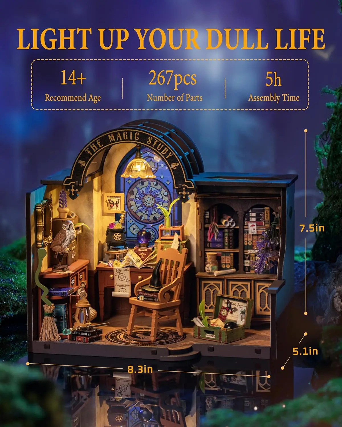 Robotime Magic Study DIY Miniature House Kit with LED and Furniture Wooden Dollhouse Model Building Kit Gift for Children Adults 2