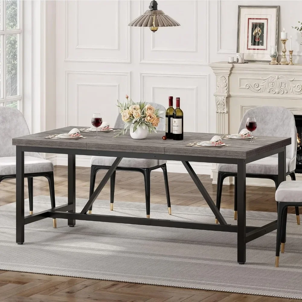 70.8 Large Kitchen Dining Room Table for 6-8 People, Rustic Grey Farmhouse Industrial Wood Style Rectangle Apartment Dinning